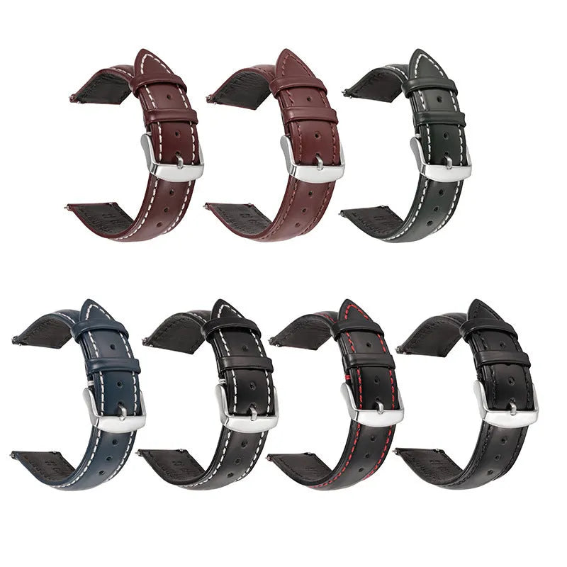 Quick release leather watch strap in cowhide showing colour options and straight end design