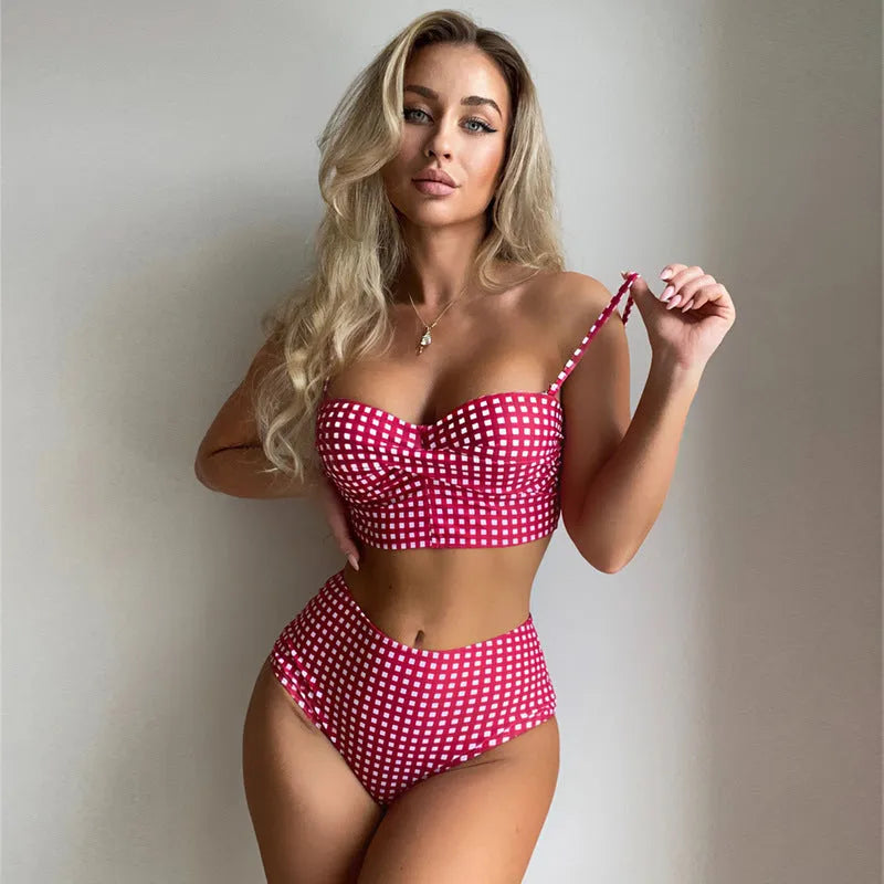 Women's high-waisted plaid bikini swimsuit in rose red, shown as a top and briefs set.