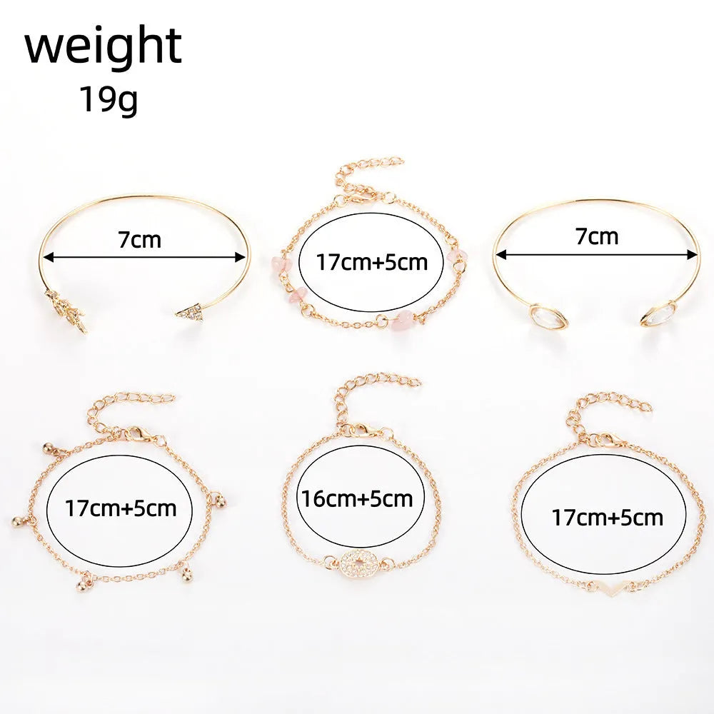 Women's gold colour bracelet set with 6 pieces showing water drop V-shaped pendants and drill arrow designs