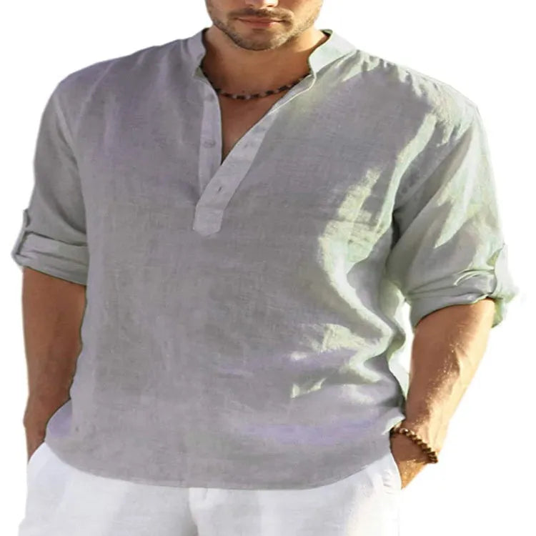 Men's casual cotton linen long sleeve shirt bundle in multiple colours with stand collar design