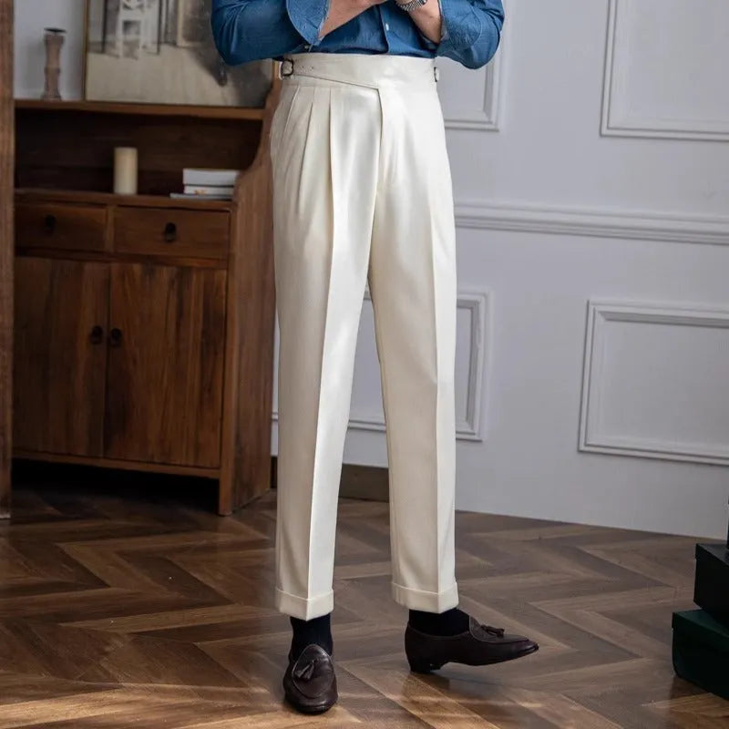 Men's high waist straight-leg casual trousers in black polyester fabric laid flat.