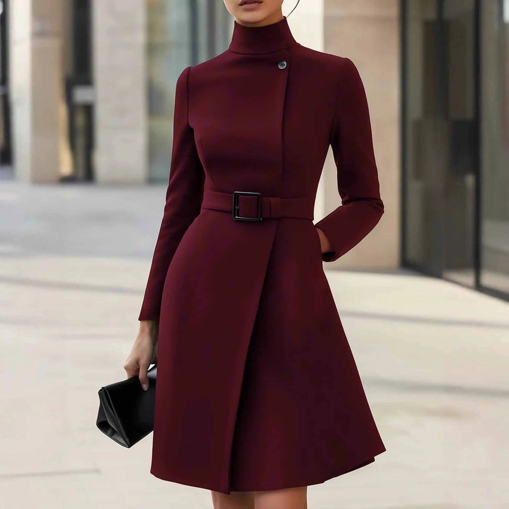 Women's long sleeve bohemian casual dress with standing collar, high waist, short skirt, available in black and wine red, sizes S to XXXL