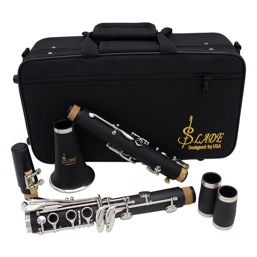 Black Bakelite clarinet with nickel-plated keys and carrying bag for beginner musicians