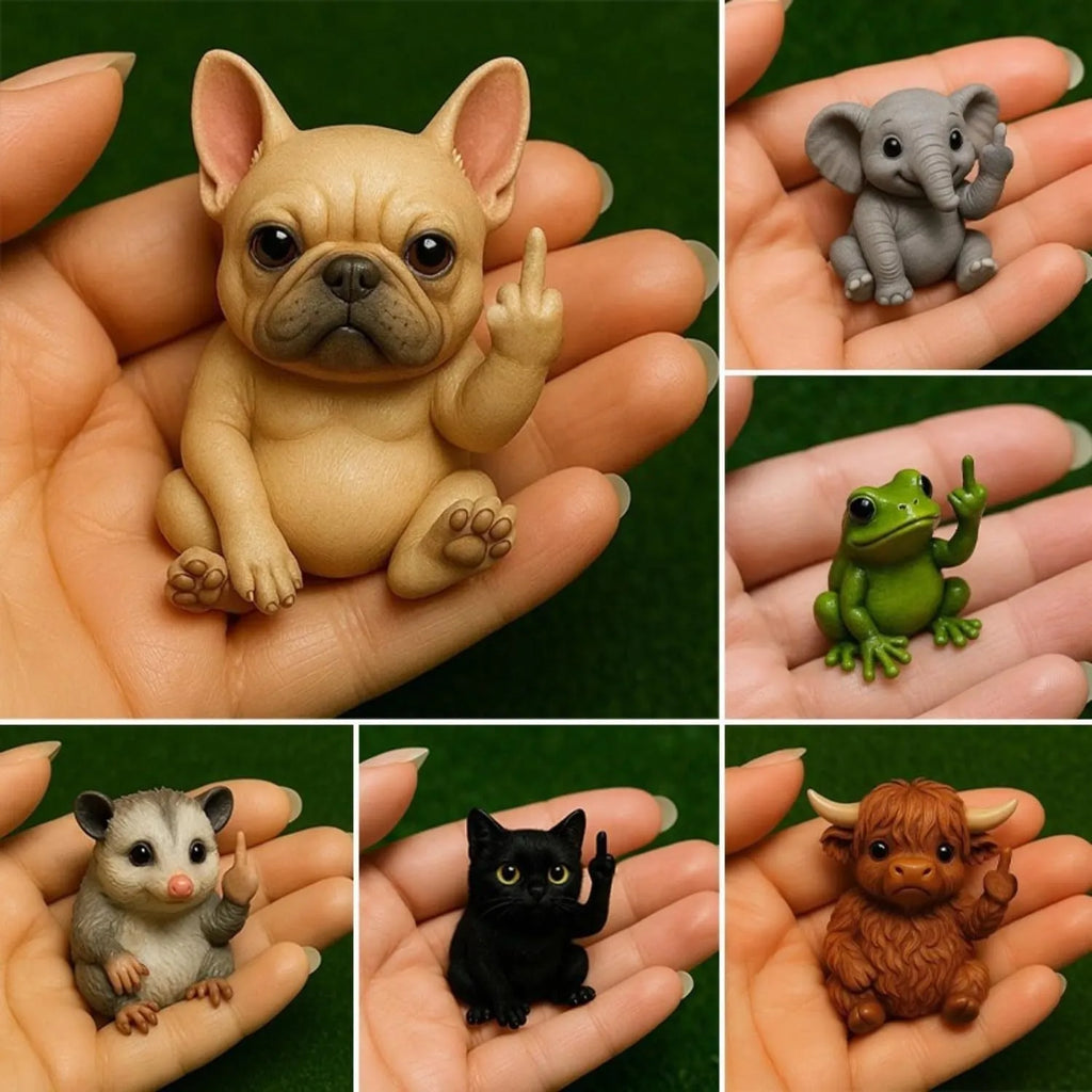 Mini resin and plastic animal middle finger doll ornament in choice of seven animal styles
