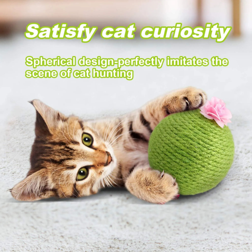 Green interactive tumbler cactus cat scratcher with natural sisal and rolling ball for indoor play