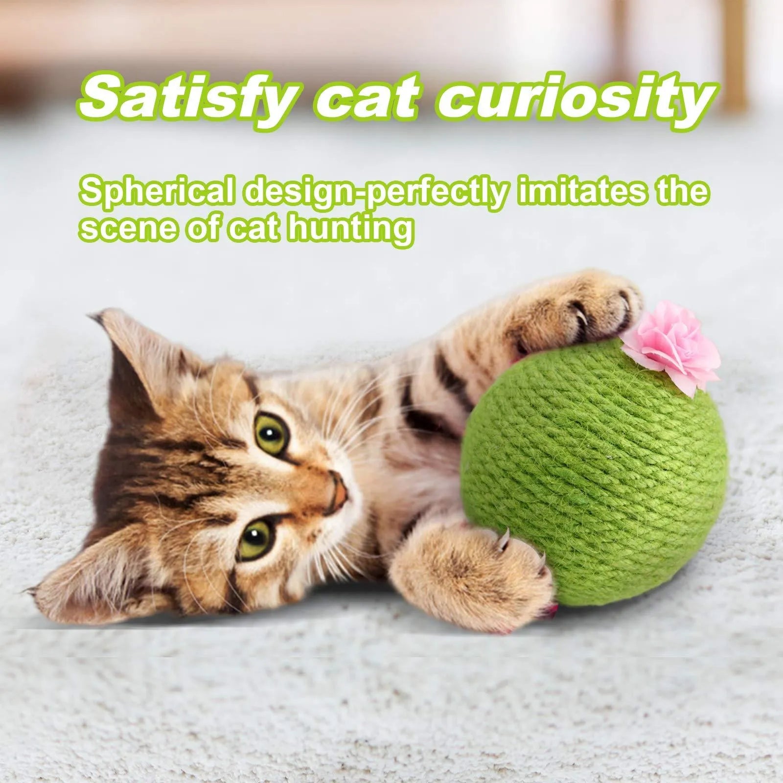 Green interactive tumbler cactus cat scratcher with natural sisal and rolling ball for indoor play