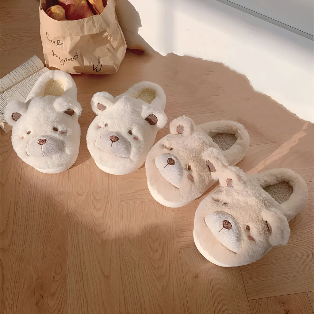 Ladies warm baotou plush slippers in khaki with suede upper and round head toe