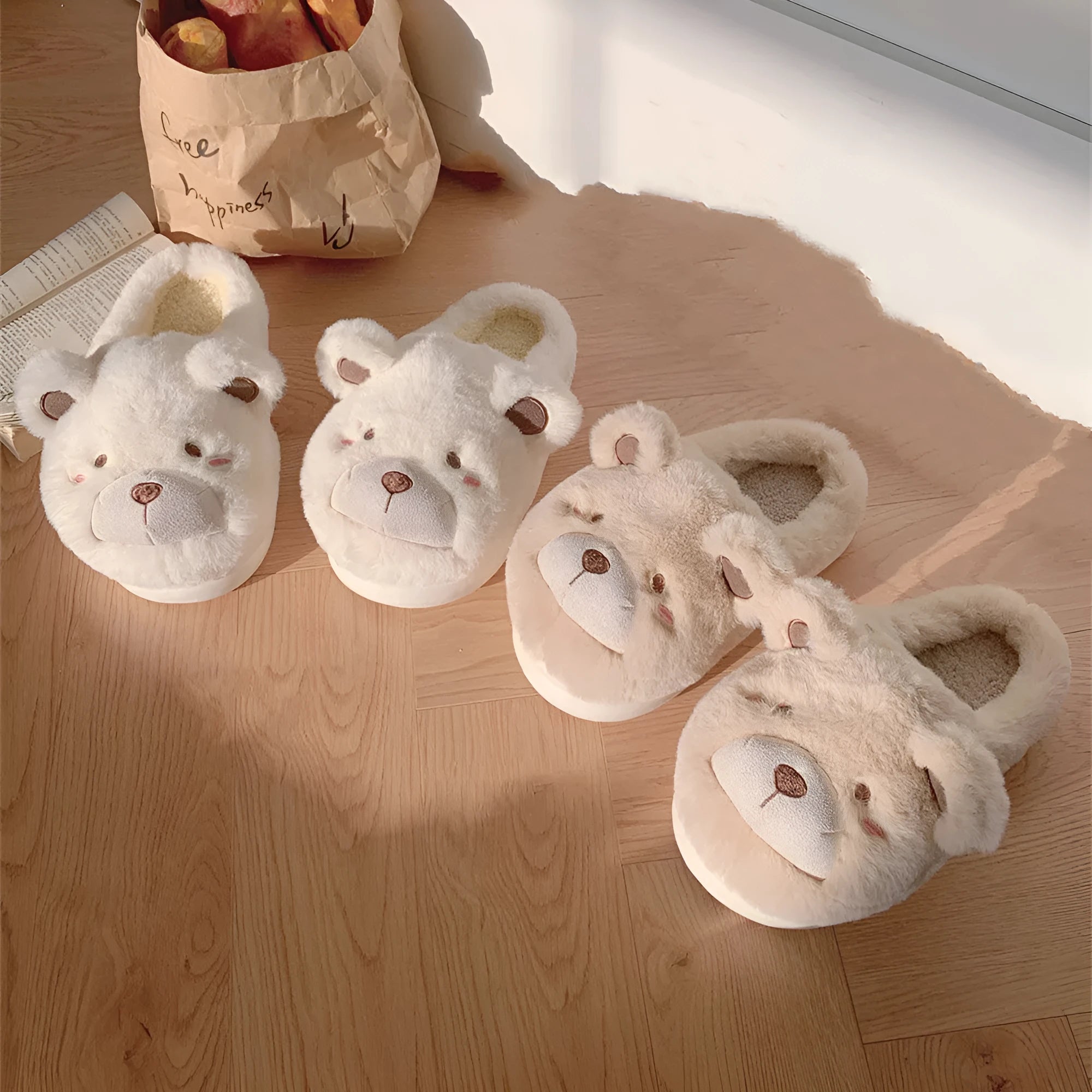 Ladies warm baotou plush slippers in khaki with suede upper and round head toe