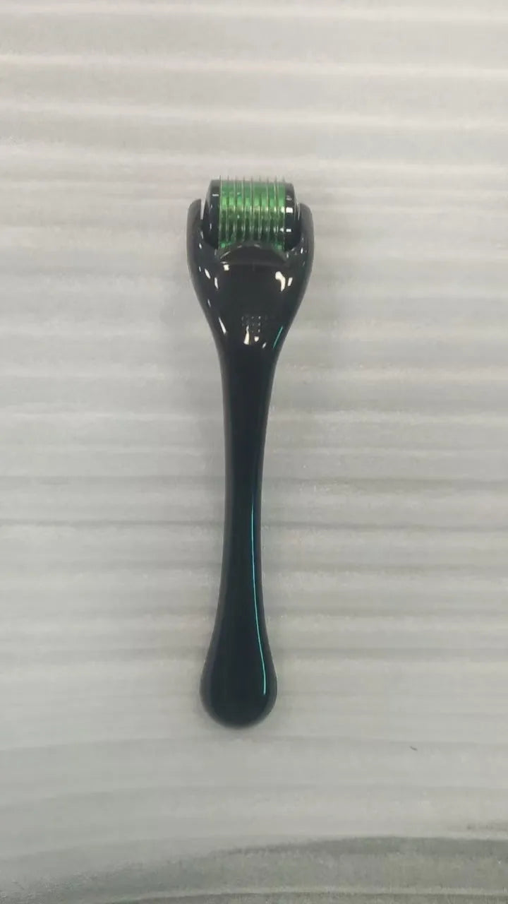540 needle derma roller with black handle and coloured wheel, showing 0.25mm 0.3mm size options for micro-needling.