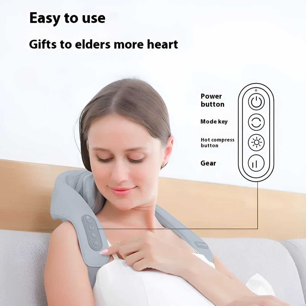 Gray elastic fabric multifunctional neck back waist massager with USB rechargeable 1500mAh battery and infrared physiotherapy