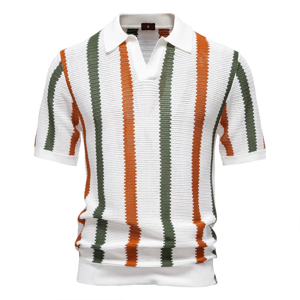 Men's breathable hollow short-sleeved striped polo shirt in khaki, front view