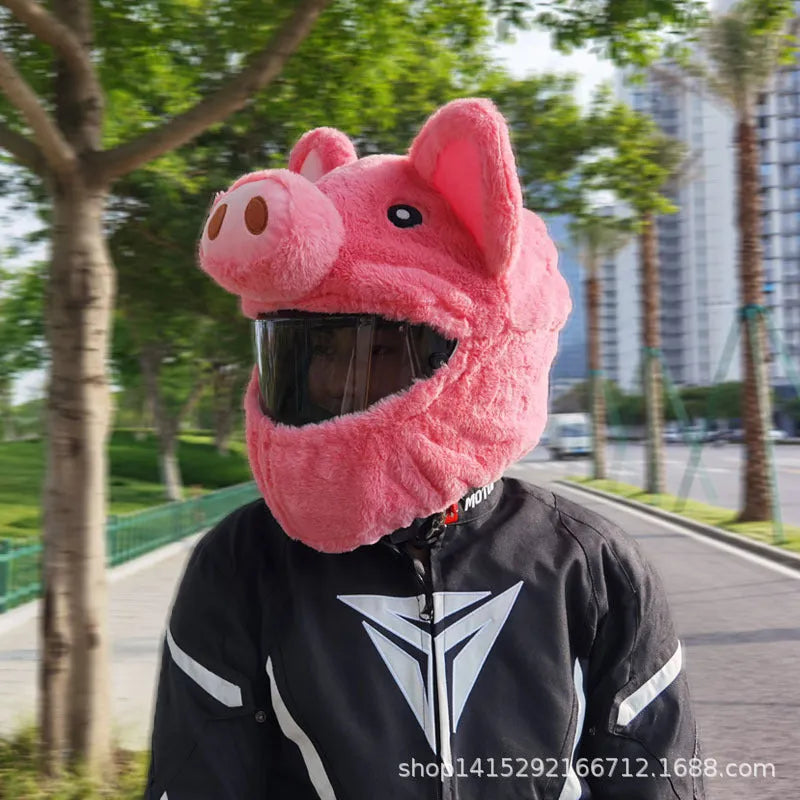Pink pig cartoon design motorcycle helmet plush protective hood cover made from pv velvet cloth