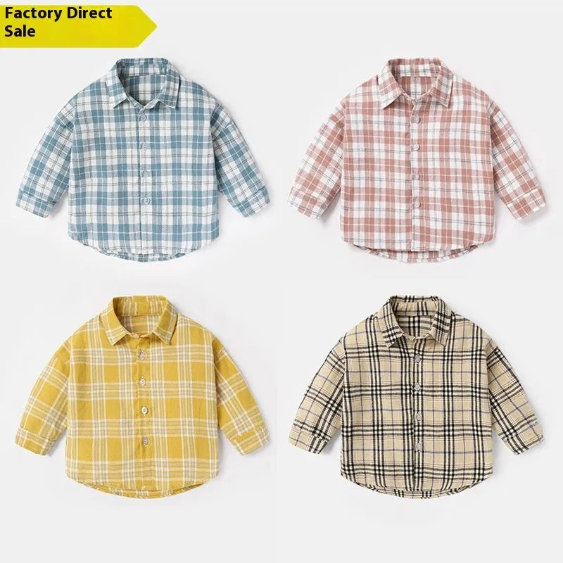 Boys' light blue cotton casual shirt with animal cartoon lattice print and long sleeves.