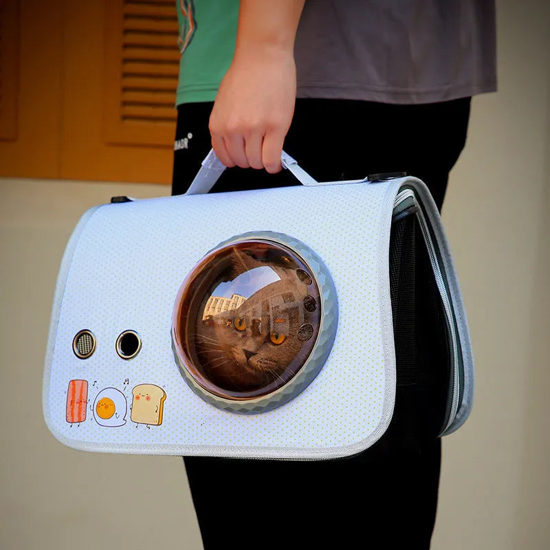 Portable pet carry bag with transparent nylon front, cartoon pattern, for cats up to 12kg