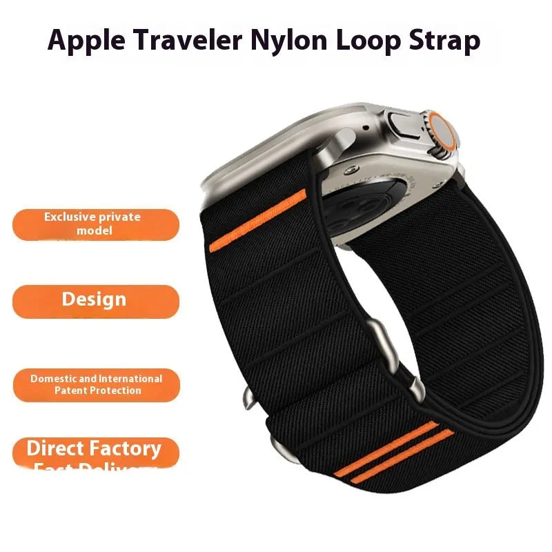 Elastic nylon sport loop strap with stainless steel buckle for Apple Watch, shown in multiple colour options.