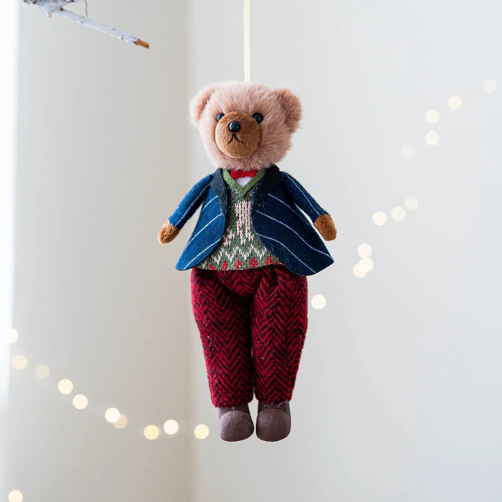 Plush bear doll couple in gentleman and princess bear colours with plaid suit pattern and cloth material