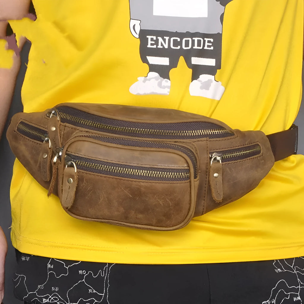 Brown retro leather messenger bag with a single shoulder strap shown open.