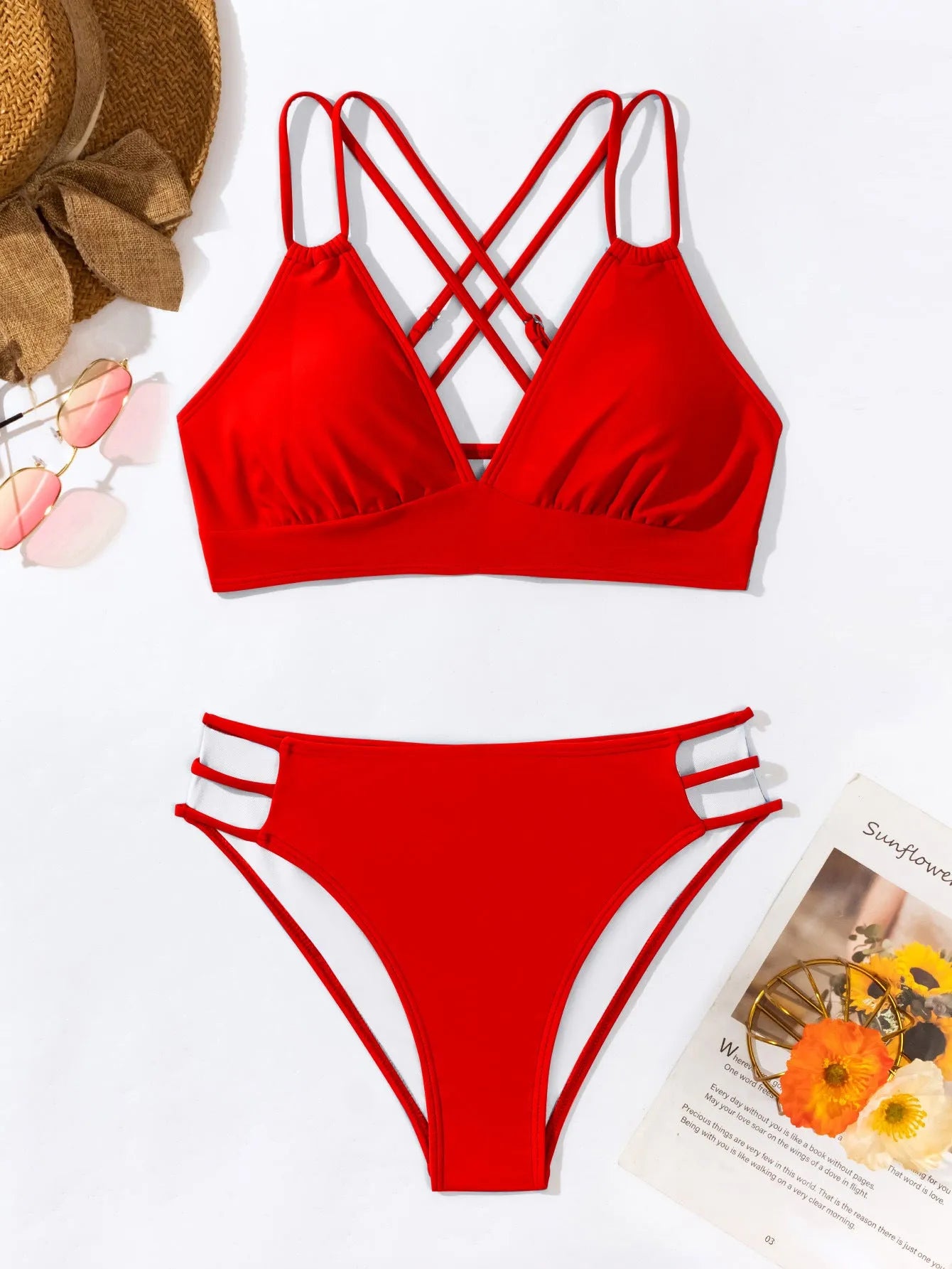 Women's halterneck bikini swimsuit with V-neck design and split shorts in nylon fabric