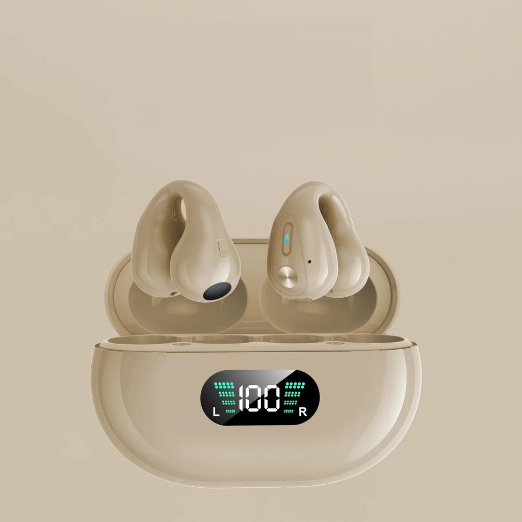 Bone conduction Bluetooth headset with ear clip design shown in black, white, and khaki colour options.