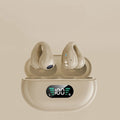 Bone conduction Bluetooth headset with ear clip design shown in black, white, and khaki colour options.
