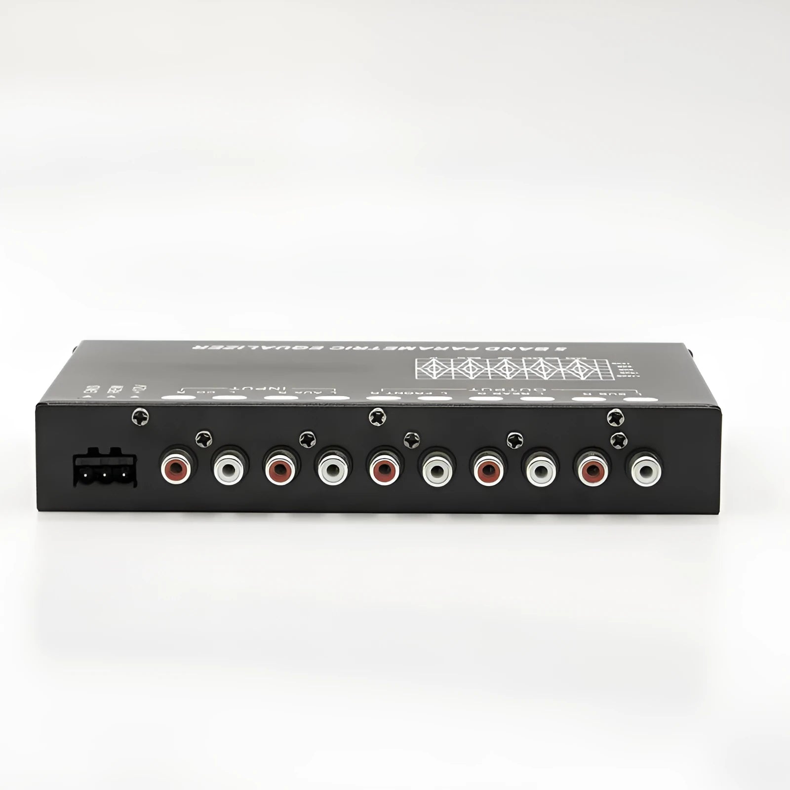 Black car audio EQ tuning amplifier with front panel controls for frequency and volume adjustment