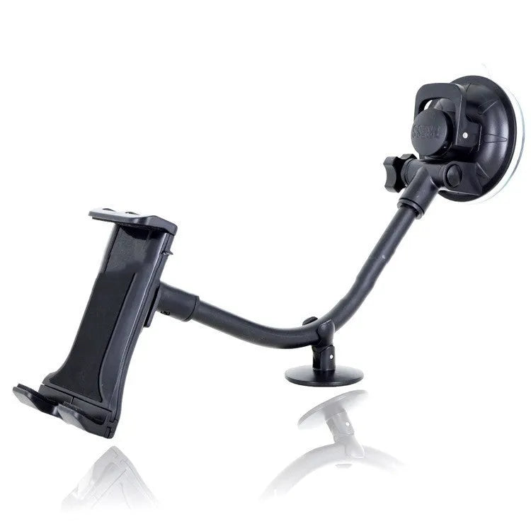 Black vehicle-mounted lifting bracket holding a tablet, showing long suction cup rod.