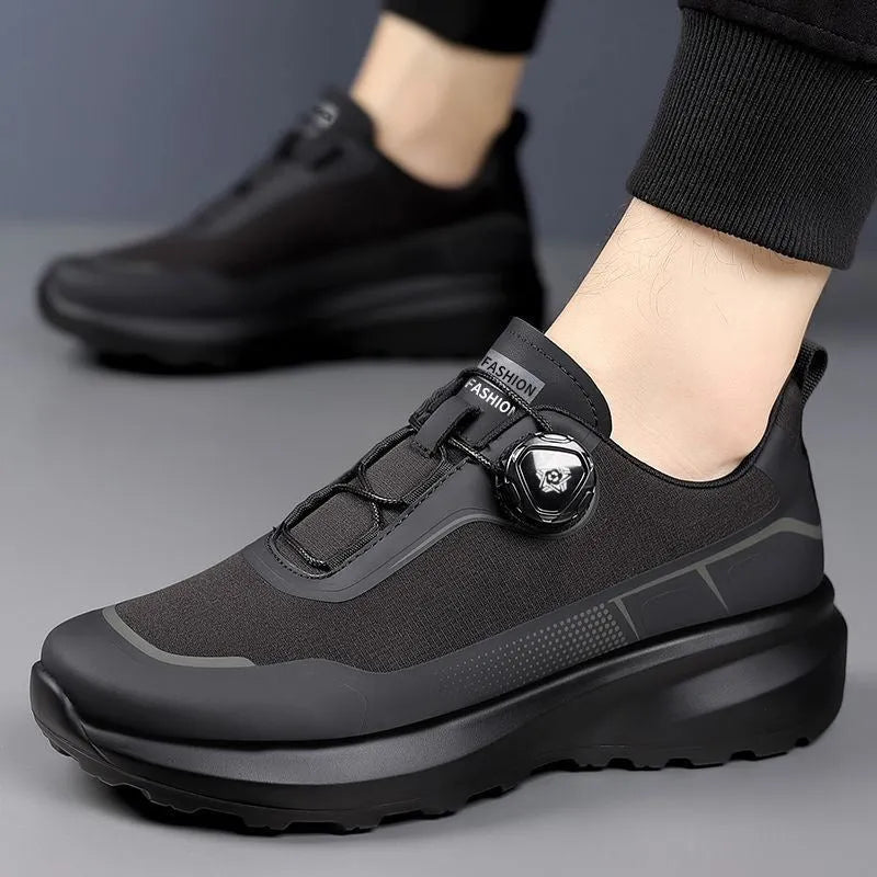 Thick bottom rotating button casual sneaker for men in black with cloth upper and platform sole