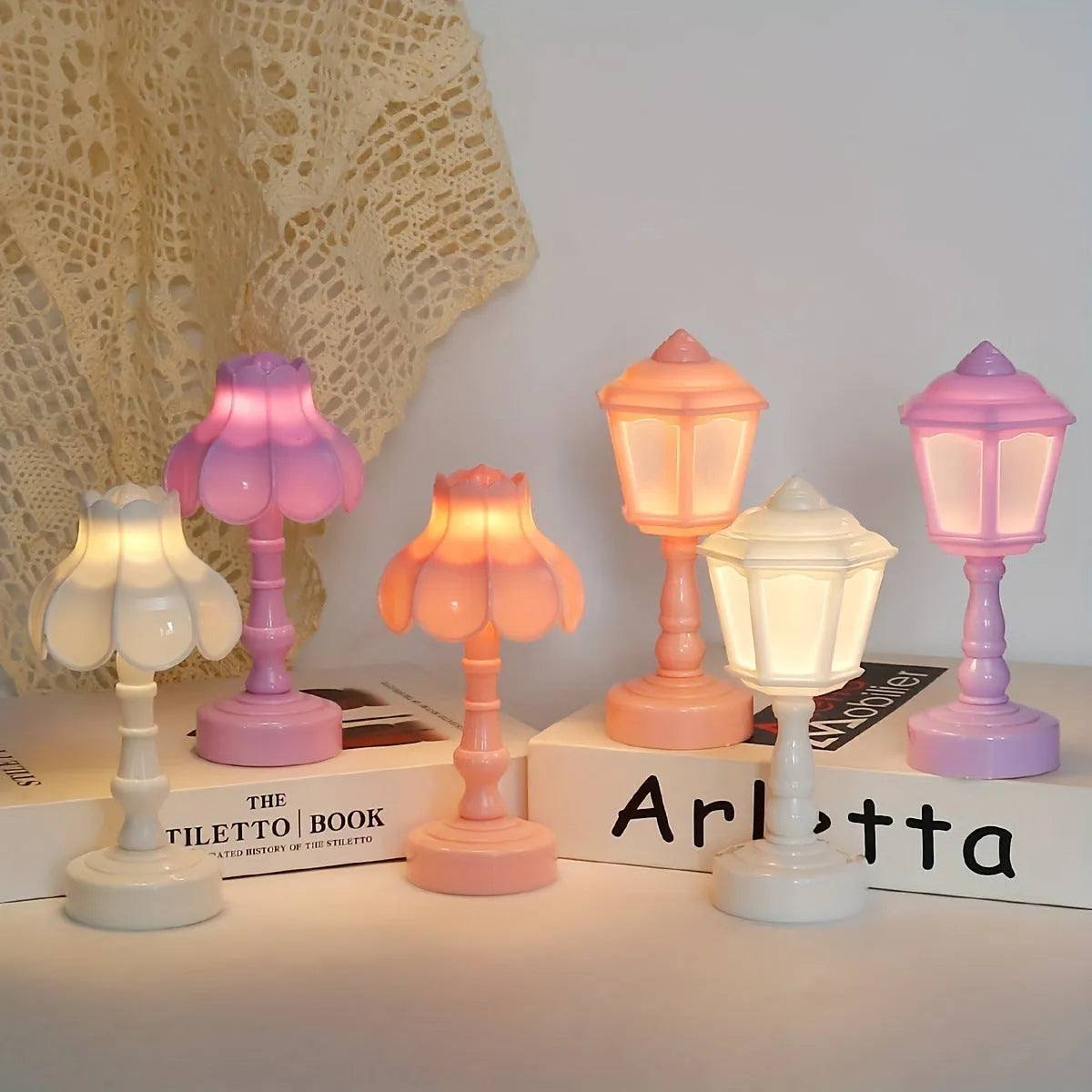 Retro pagoda lotus atmosphere small night lamp with built-in battery, geometric stereo design, light purple colour