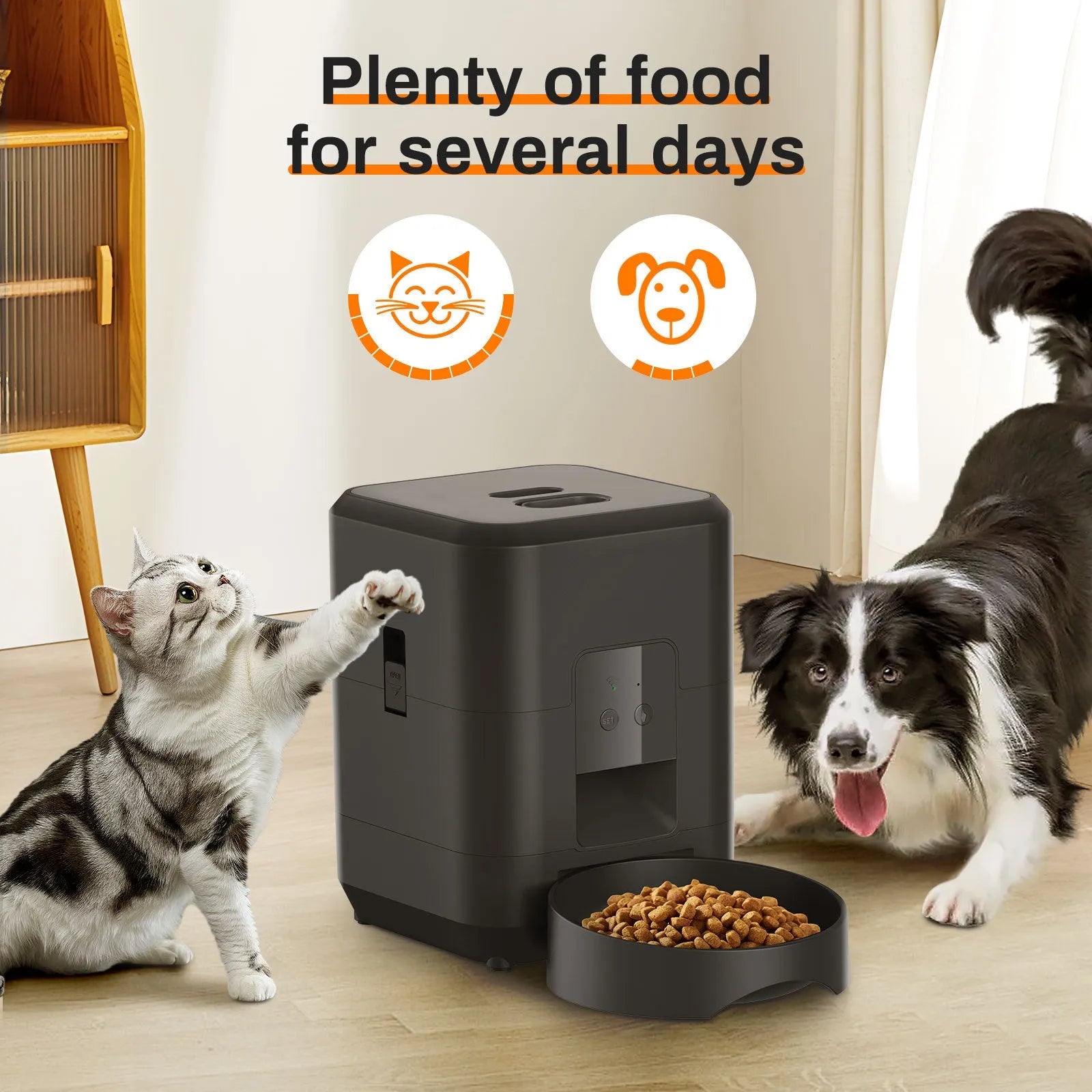 Pet automatic feeder in white with button controls, for cats, with power adapter and feeding bowl