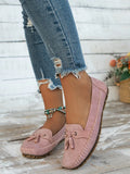 Women's suede bow flat shoes in pink with round toe and low flat heel