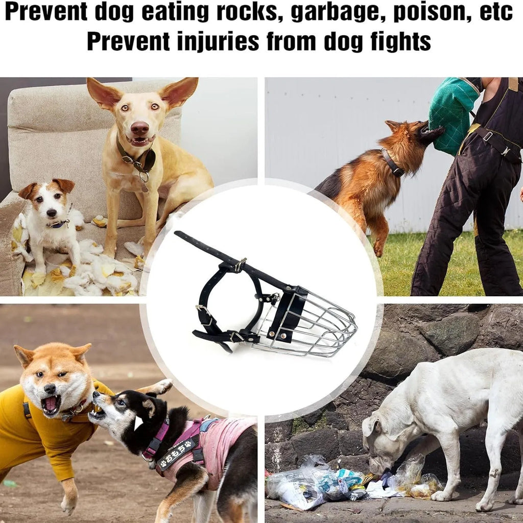Black metal dog muzzle designed for Golden Retrievers and German Shepherds, showing adjustable nose piece.