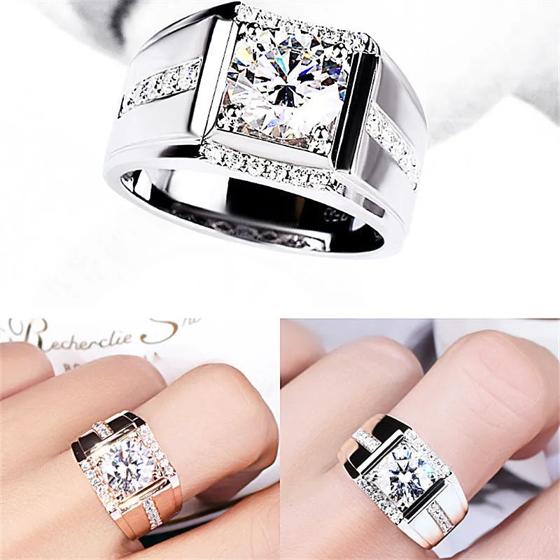 Men's geometric diamond zircon ring with adjustable open mouth design in rose gold colour.