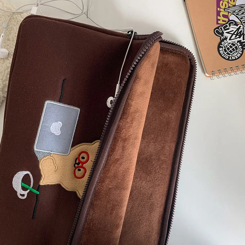 Coffee colour cotton laptop bag liner with bear design, zipper closure, available in 11 13 15 inch sizes