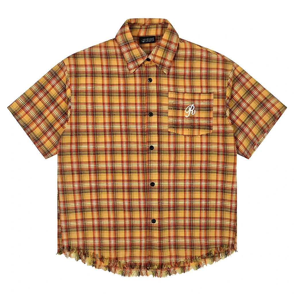 Yellow grid pattern short sleeve plaid shirt with embroidery pocket, loose fit design