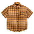 Yellow grid pattern short sleeve plaid shirt with embroidery pocket, loose fit design