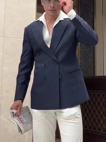 Men's striped double-breasted blazer in polyester for business casual wear
