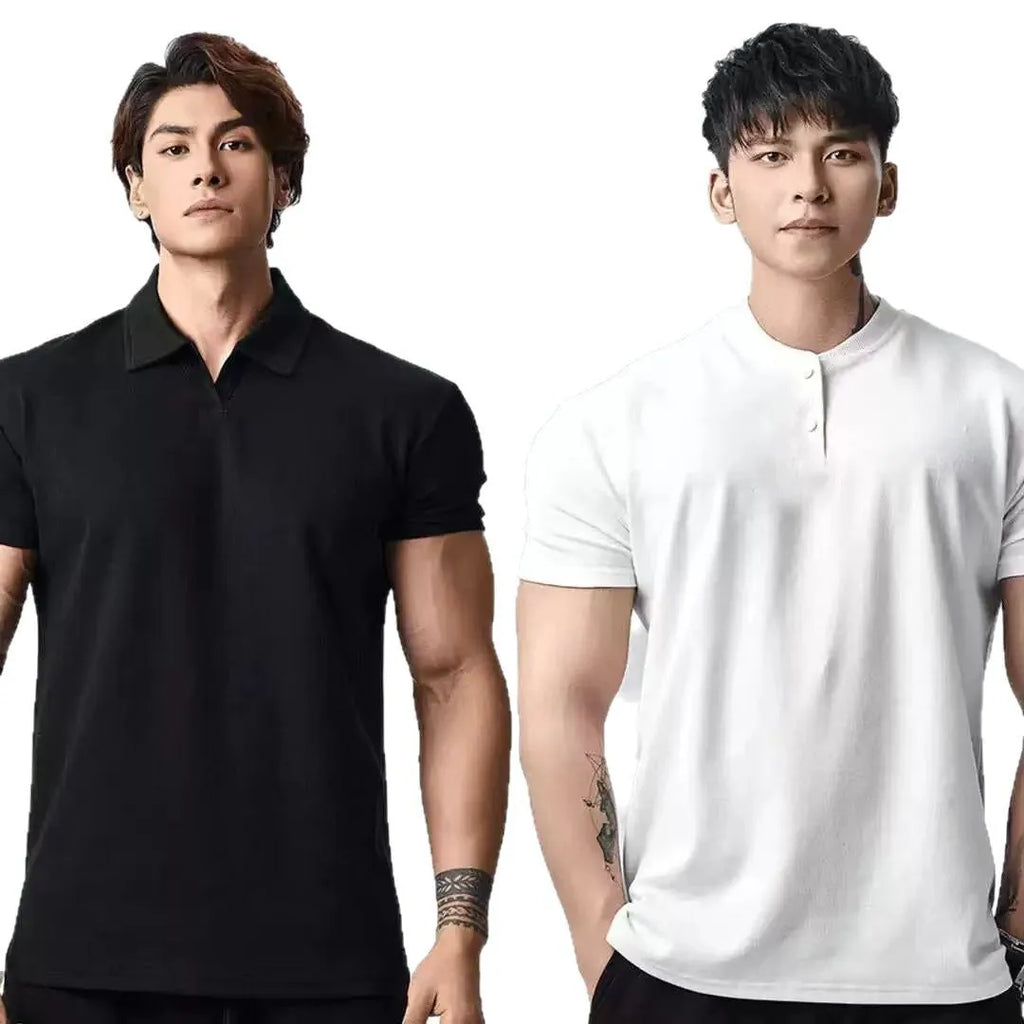 Retro fashion brand all-match casual t-shirt for men solid colour Henry collar loose fit pullover top polyester