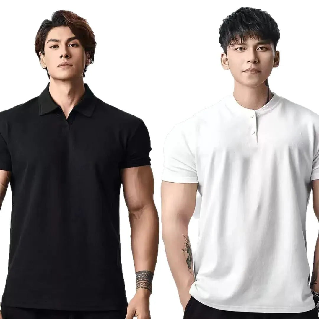Retro fashion brand all-match casual t-shirt for men solid colour Henry collar loose fit pullover top polyester