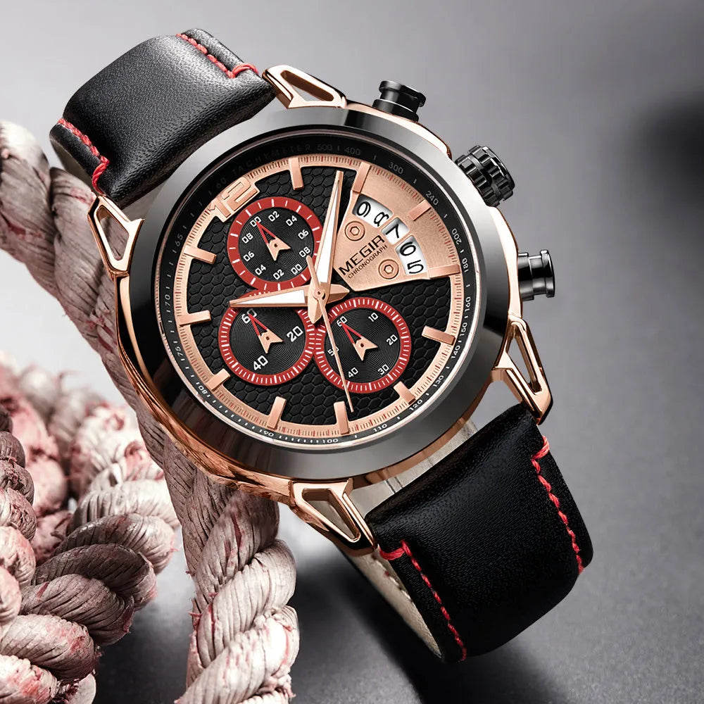 Men's quartz chronograph watch with luminous hands, leather strap, and alloy case on black background