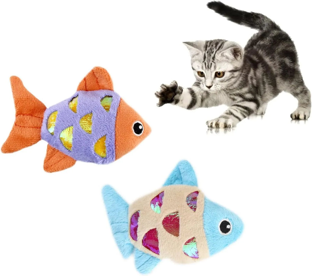 Two soft plush catnip fish toys for cats with crinkle sound, available in blue, orange, and pink.