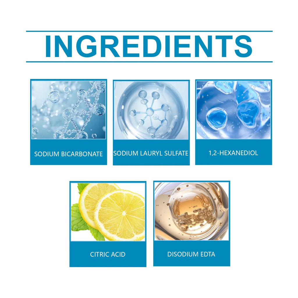 Four sachets of toilet cleaning powder showing 120g total weight with citric acid and bicarbonate ingredients
