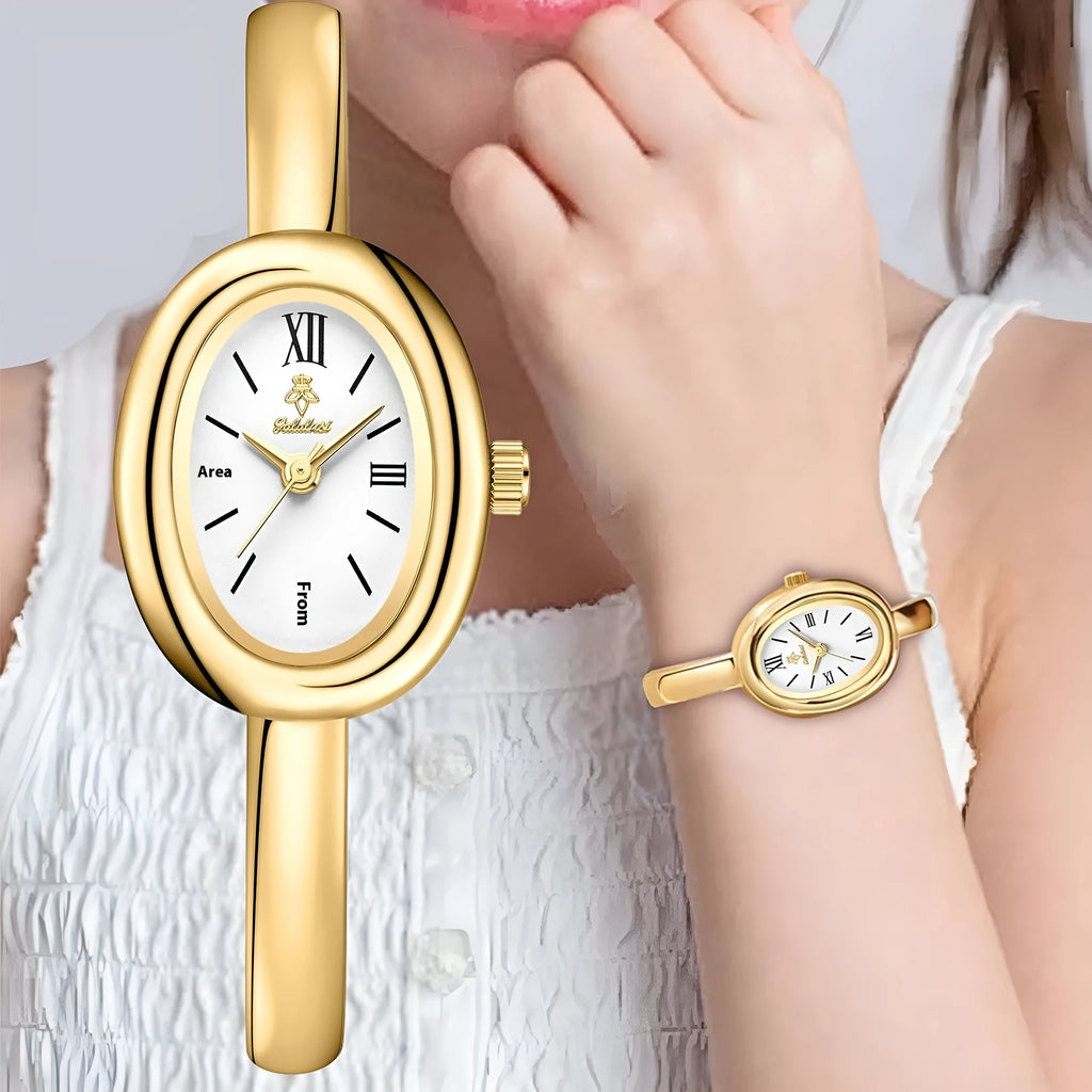 Women's multifunctional oval retro quartz watch in gold with spiral pattern dial and slim case