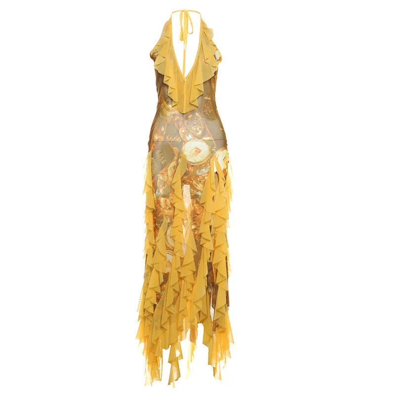 Yellow halter suspender skirt dress with ruffles and A-line cut, high waist, long length, sleeveless