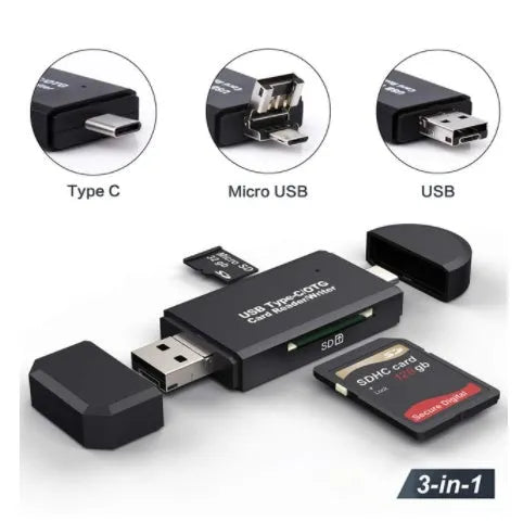 Black USB 3.0 card reader model 320 for SD and TF memory cards with Type-C plug