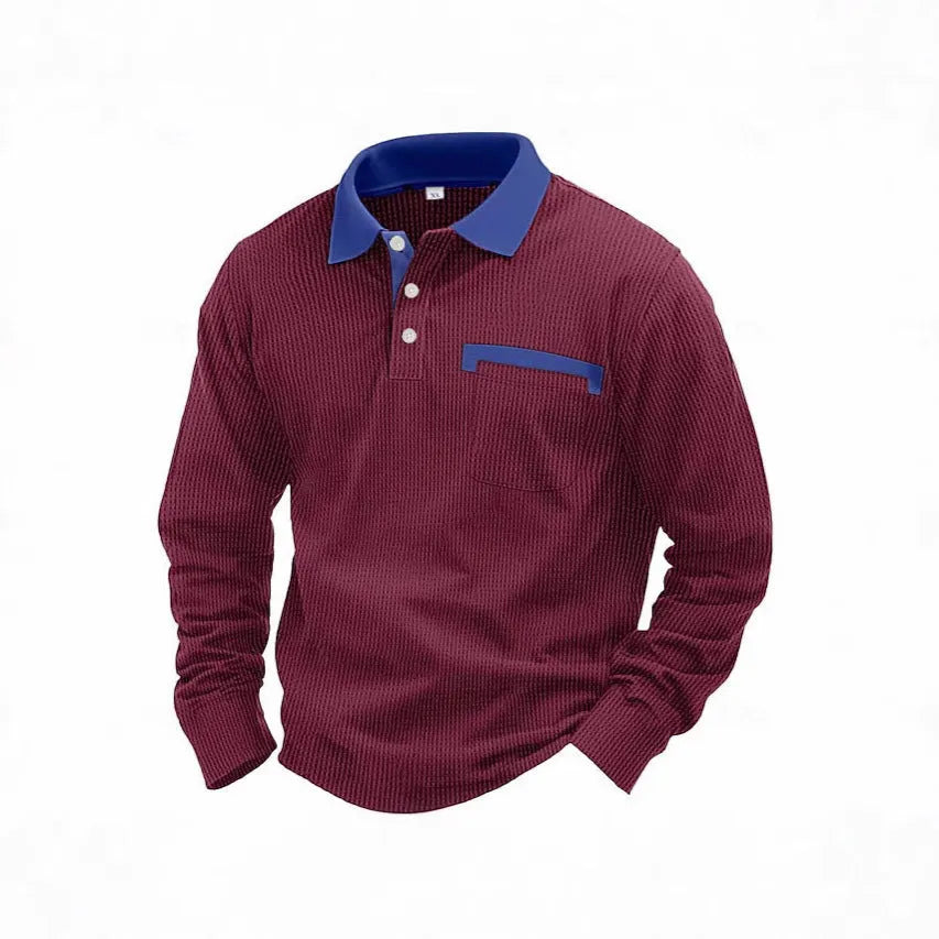 Man wearing a long-sleeved waffle texture polo shirt in a solid colour with a loose, retro fit.