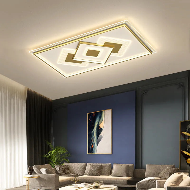 Modern simple rectangular LED ceiling light with tri-colour light and stepless dimming, black and white finish, for living room use