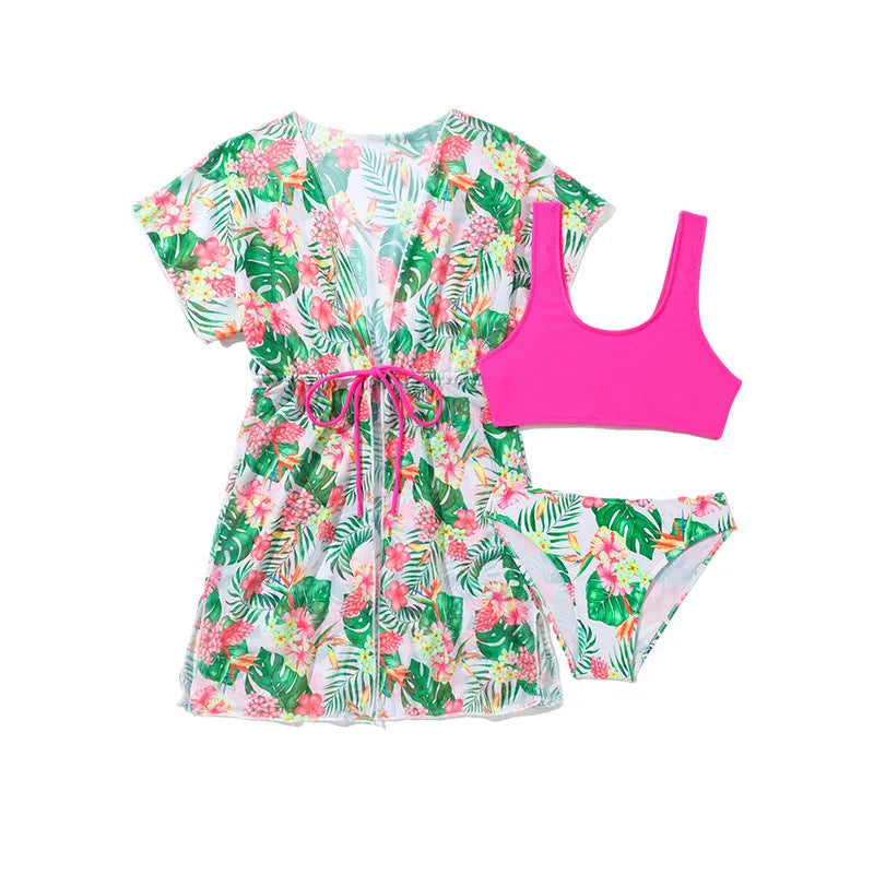 Girls floral two-piece swimsuit in polyester fabric for swimming sports