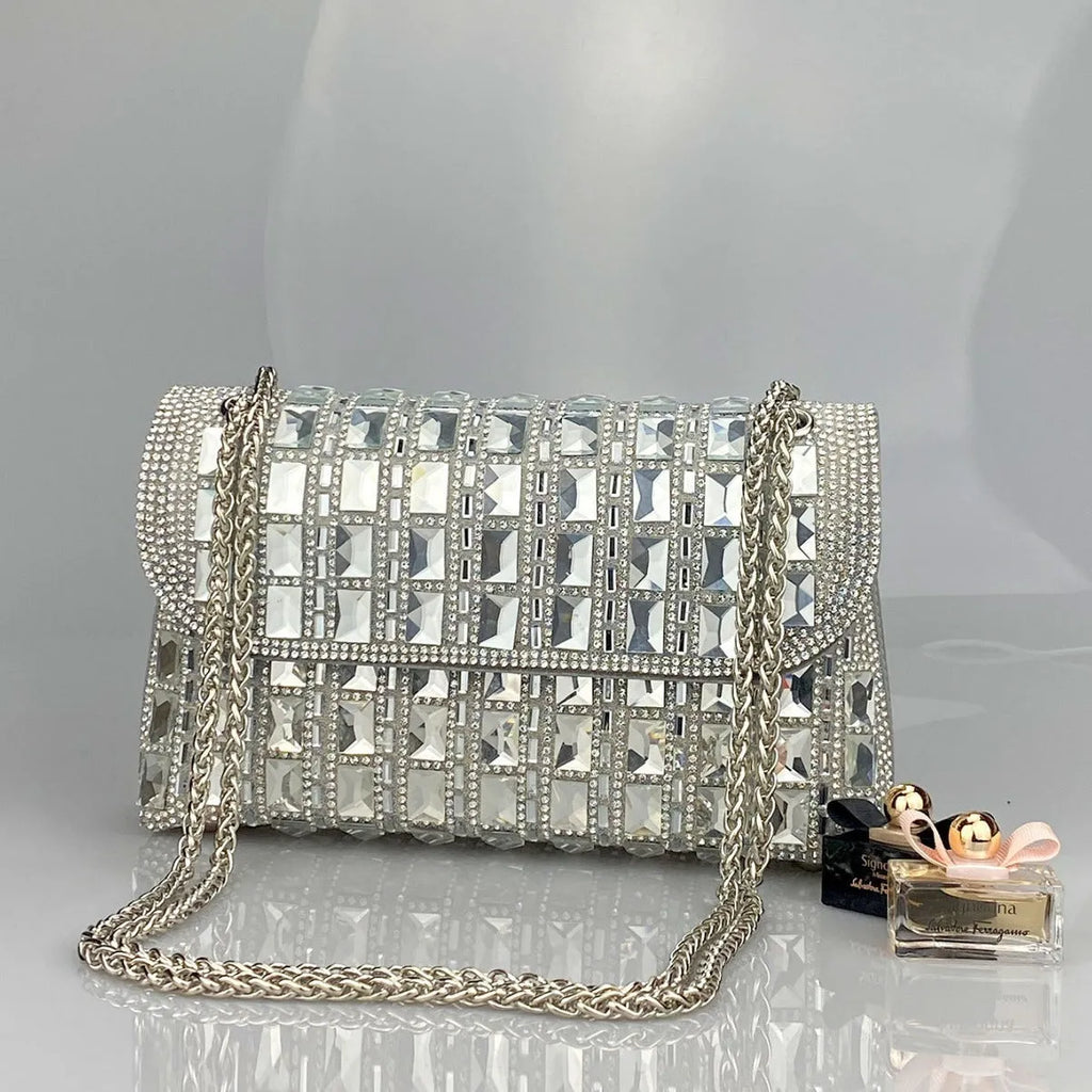 Shiny glass rhinestone diamond chain clutch handbag in horizontal square shape with chain strap, available in multiple colours