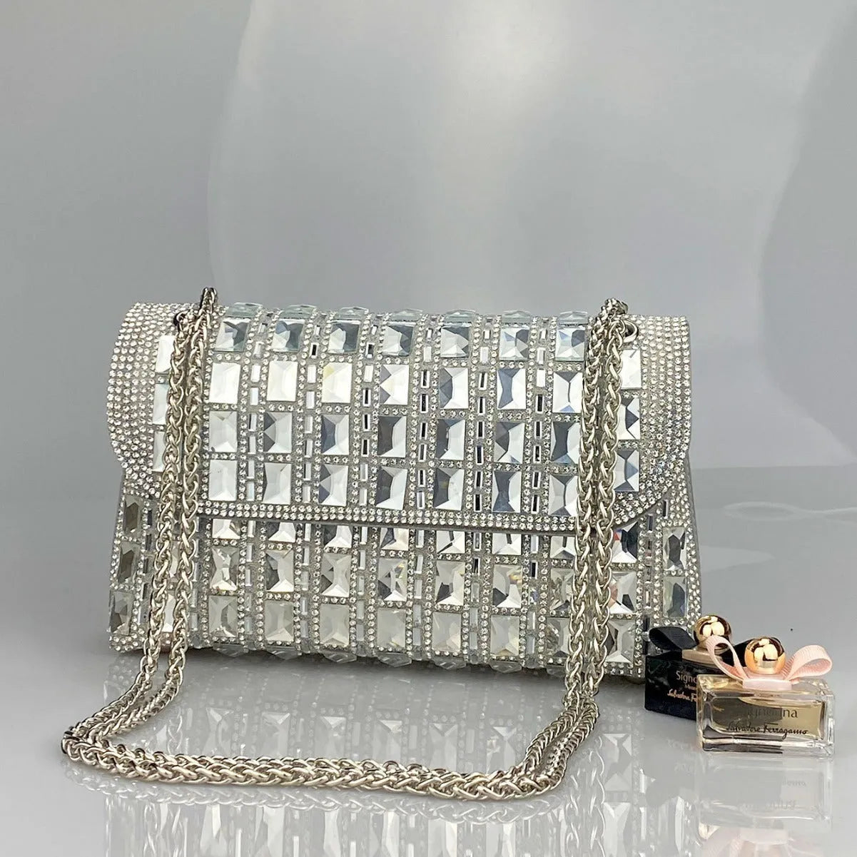 Shiny glass rhinestone diamond chain clutch handbag in horizontal square shape with chain strap, available in multiple colours
