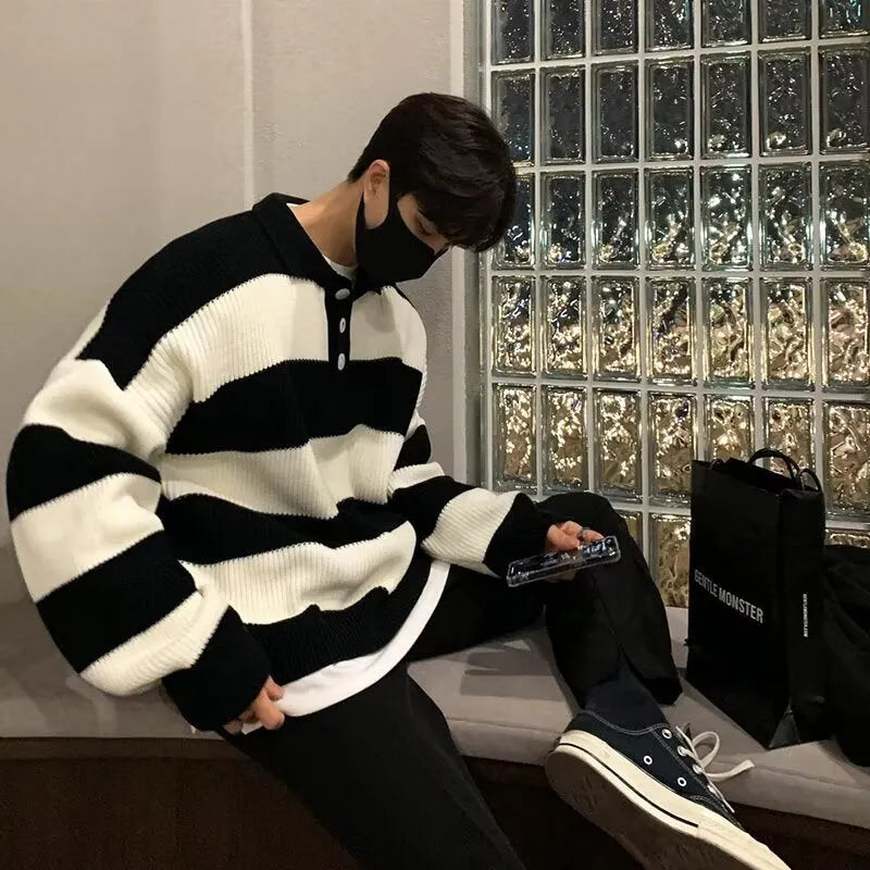 Men's loose striped pullover coat sweater in black, front view, long sleeves, polyester fibre knit